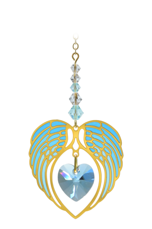 Gold Angel Wing Heart - Aquamarine